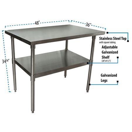 Bk Resources Work Table 14/304 Stainless Steel With Galvanized Undershelf 48"Wx36"D QTT-4836